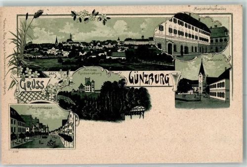 Günzburg Schloss Reissensburg Hauptstraße Magistratsgebäude Pfarrkirche Lithographie