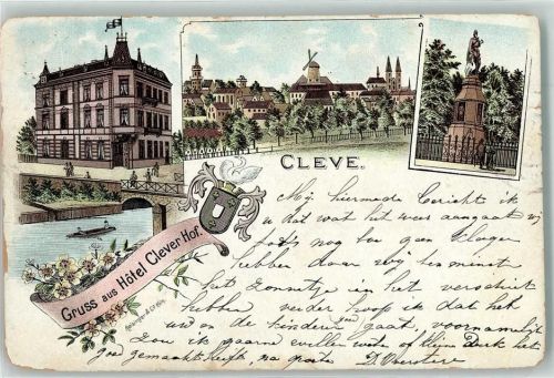 Cleve Gruss aus Hotel Clever Hof Wappen Windmühle Denkmal Wappen Schwan Brücke Ruderboot Blumen Lithographie