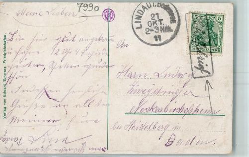Friedrichshafen Lindau Bodensee 21.Okt, 1911 Kastenstempel Schiffsbrief