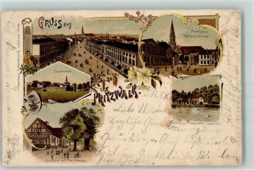 Pritzwald 1898 Marktplatz Rathaus Kirche Stadtmauer Hainholz Försterhaus Partie an der Promenade Lohmühle Lithographie