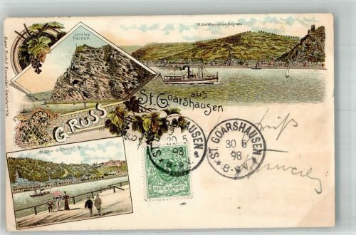 St. Goarshausen 1898 Adelskorrespondenz Briefmarke Bildseite Loreley Felsen Burg Katz Rheinfels
