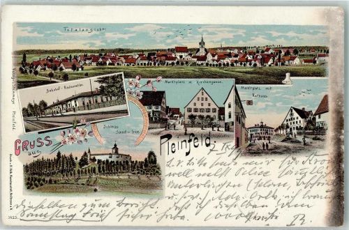 91785 W8835 Pleinfeld 1899 Lithographie Bahnho-Restauration Marktplatz Kirchengasse Rathaus Schloss Sand-See