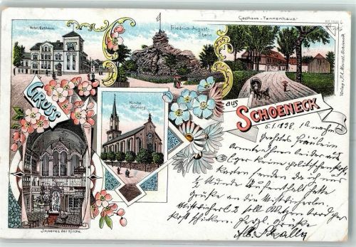 Schöneck 1898 Hotel Rathaus Friedrich-Stein Gasthaus Tannenhaus Kirche St. Georg Lithographie Bahnpost Chemnitz - Aue - Adorf Zug 311