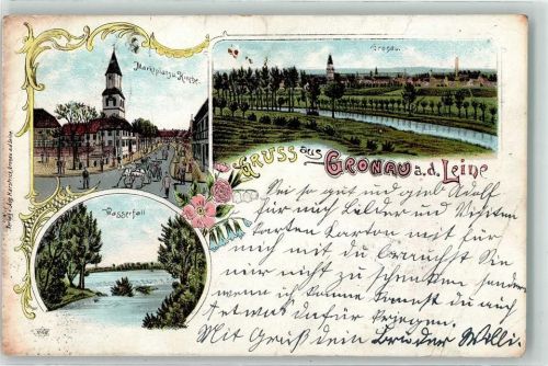 31028 W3212 Gronau Leine 1898 Gebrauchsspuren Marktplatz Kirche Wasserfall Lithographie