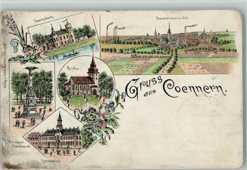 06420 O4340 Könnern 1897 Lithographie Gruss aus - Kriegerdenkmal, Rathaus, Georgsburg, Eisenbahn AK