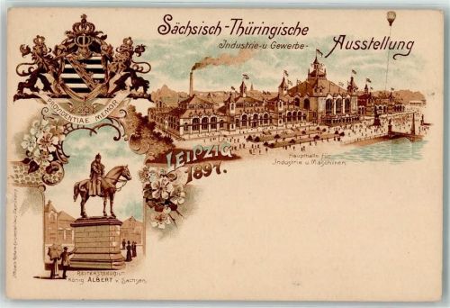 Leipzig Sächsisch-Thüringische Industrie- und Gewerbe-Ausstellung 1897 Wappen Haupthalle Reiterstandbild König Albert v. Sachsen