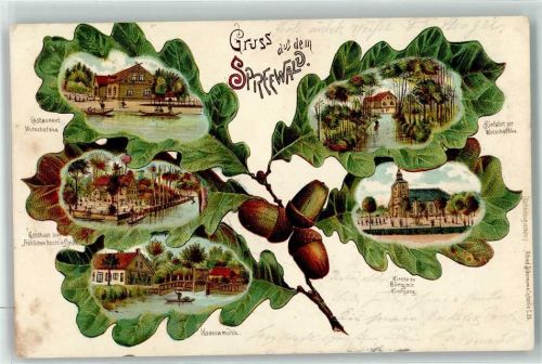 Lübbenau /Spreewald 1900 Gruss aus dem Spreewald Gasthaus Wotschofska Fröhlicher Hecht Kannowmühle Kirche Burg Einfahrt Ruderboot Eicheln Ort lt. Stempel