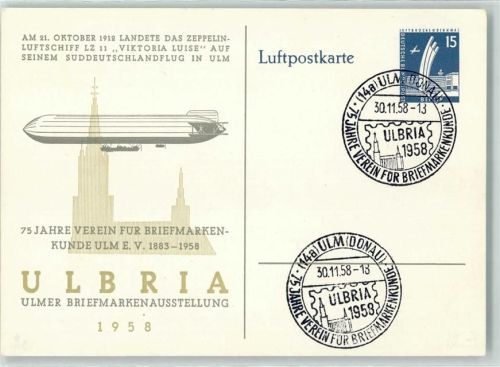 Ulm 1958 SST 75 Jahre Verein für Briefmarkenkunde - Zeppelin LZ 11 landete auf seinem Süddeutschlandflug in Ulm