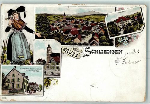 Schliengen 1905 Tracht Kirche Gemischtes Warengeschäft von Emil Spitz Schloss Lithographie