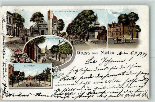 Melle 1899 Mühlenstraße Marktplatz mit Rathaus Postgebäude Plettenbergerstraße Bahnhofstraße Lithographie