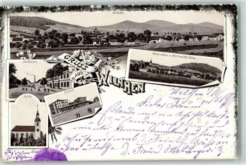 02681 O8609 Wilthen 1902 Lithographie Marktplatz Bahnhof Kirche Mönchswalder Berg Fabrik Blumen Gruss