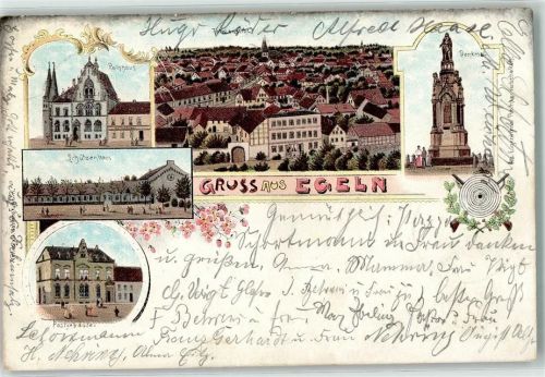 Egeln 1898 Rathaus Postgebäude Denkmal Schützenhaus Bahnpoststempel