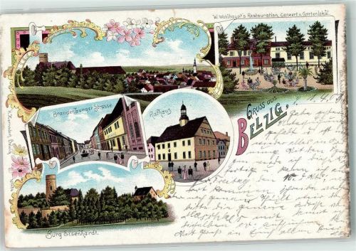 Belzig 1903 Brandenburger Straße Burg Eisenhardt Rathaus Gasthaus Wohlhaupt Conzert Gartenlokal Kirche Gruss Springbrunnen Blumen
