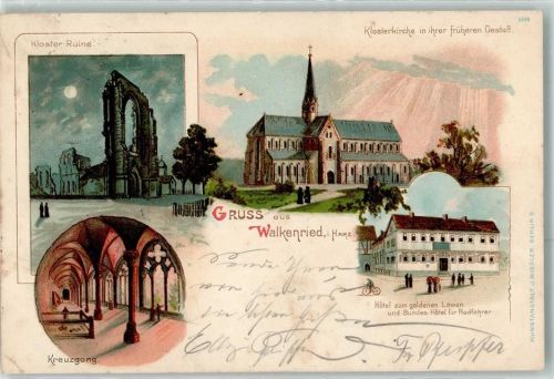 37445 W3425 Walkenried 1898 Lithographie Klosterruine Klosterkirche Kreuzgang Hotel Zum goldenen Löwen Bundeshotel für Radfahrer