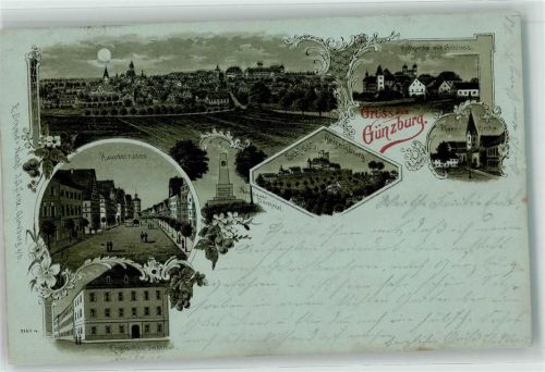 Günzburg 1901 Hauptstraße Englisches Institut Nassauer Denkmal Hofkirche Schloss Pfarrkirche Mond Gruss