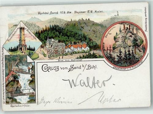 77815 W7580 Sand , Schwarzwaldhochstr 1899 Lithographie Kurhotel Sand Friedrichsturm a. Badenerhöhe Gertelbachfälle Bärenstein