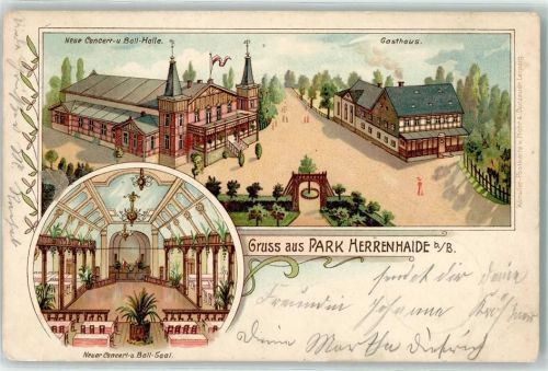 09217 O9112 Burgstädt , Sachs 1903 Lithographie Park Herrenhaide Neue Konzert- und Ball-Halle Saal Gasthaus