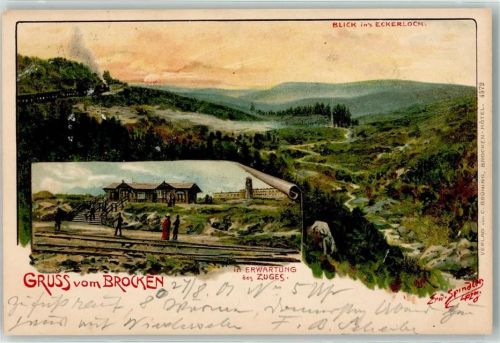 Elend 1901 Gruss vom Brocken In Erwartung des Zuges Blick ins Eckerloch sign. Erw. Spindler Eisenbahn Lok Dampf
