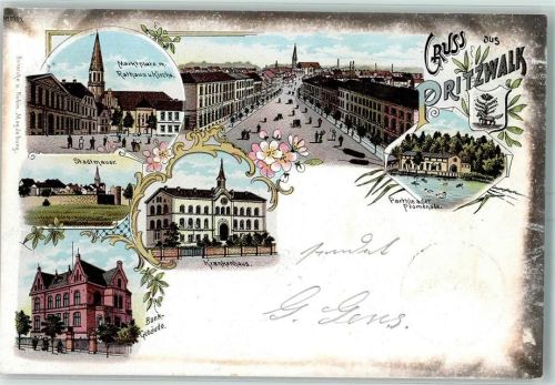 Pritzwalk 1899 Marktplatz Rathaus Kirche Partie an der Promenade Stadtmauer Krankenhaus Bank-Gebäude
