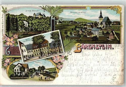 Bärenstein 1900 Bahnpost Geising Mügeln Zug 2859 9.6.00 Schloss Gasthaus Bahnhof