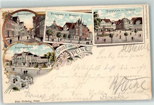 Peine 1899 Stederdorferstraße Marktplatz m. Breitestraße und Denkmal Schützenhaus