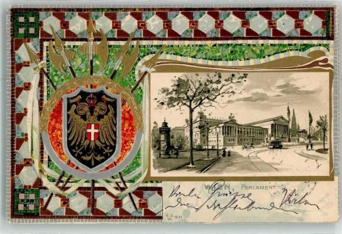Wien 1902 Parlament Wappen Litfaßsäule Straßenbahn