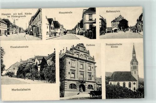 Herbolzheim 1915 Hauptstraße Kath. Kirche Rathausplatz Eisenbahnstraße Rathaus Prot. Kirche