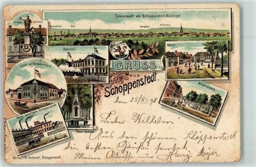Schöppenstedt 1898 Kriegerdenkmal Bahnhof Markt Wilhelmstraße Tetzel Denkmal Hotel zum Deutschen Haus Aktien Zuckerfabrik Kutsche Eisenbahn Lok Fahnen Wappen Lithographie