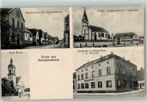 Beindersheim Hauptstraße Gemeindehaus Kirche Kriegerdenkmal Schulhaus Neue Kirche Gasthaus Zum weissen Ross A. Storzum