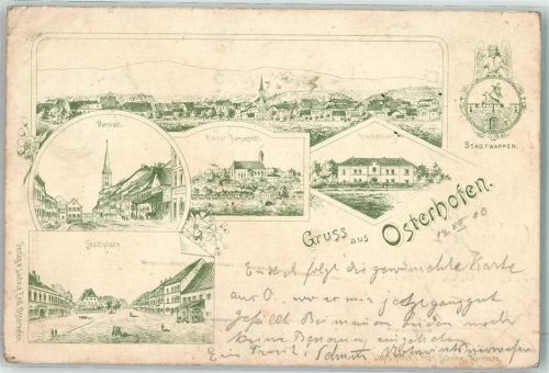 Osterhofen 1900 Kloster-Damenstift Stadtplatz Krankenhaus Stadtwappen Litho
