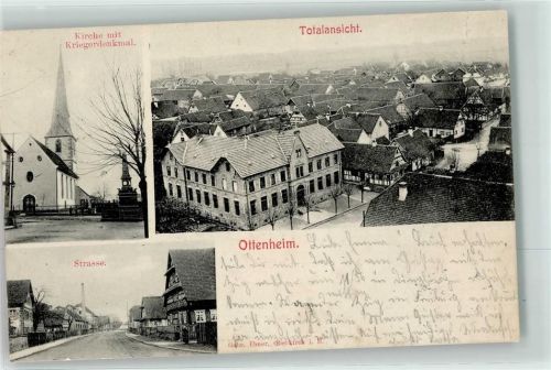 Ottenheim 1907 Kirche Kriegerdenkmal Bahnpost Lahr Zug 37