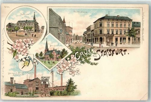 Staßfurt Fürstenstraße Salzwerk Rathaus seltene Lithographie