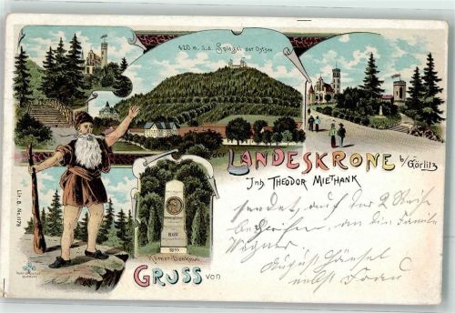 Görlitz 1899 Gasthaus Landeskrone Neandertaler Körner-Denkmal Lithographie
