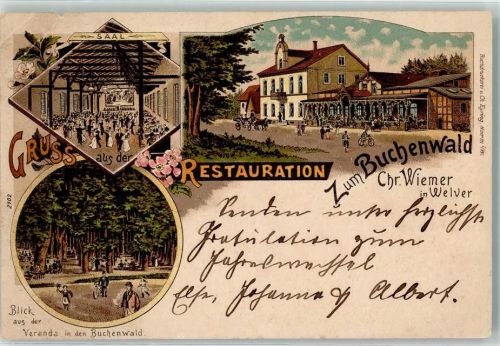 Welver Gasthaus zum Buchenwald Saal Veranda Bahnpoststempel Lithographie