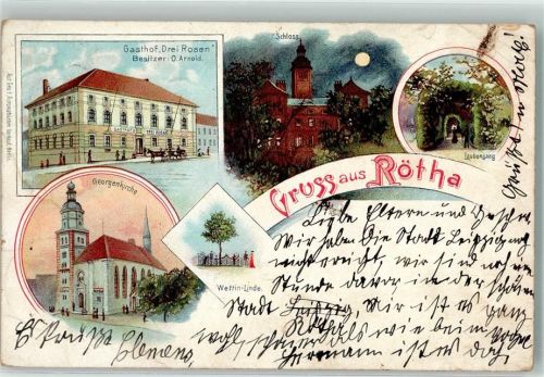 Rötha 1902 Schloß Laubengang Gasthaus Drei Rosen Georgenkirche Lithographie