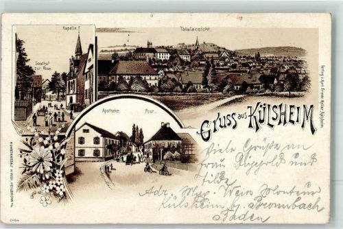 97900 W6987 Külsheim , Baden 1911 Lithographie Apotheke Post Kapelle Gasthaus zur Rose