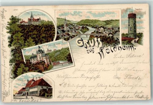 Waldheim 1897 Gruss Schloss Ehrenberg Siegesturm Schloss Kriebstein Königliche Strafanstalt Brücke