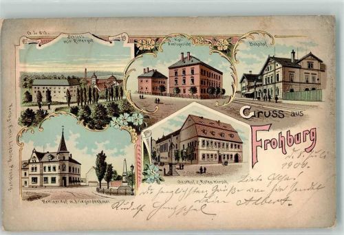 Frohburg 1900 Schloß & Rittergut Bahnhof Amtsgericht Gasthaus z. Roten Hirsch Lithographie