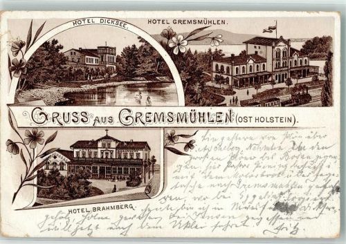 Bad Malente-Gremsmühlen 1896 Vorläufer Hotel Bramberg Hotel Dicksee Hotel Gremsmühlen Lithographie