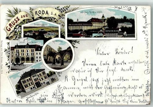04643 O7231 Roda b Geithain 1902 Lithographie Genesungshaus Neue Bauschule Klosterruine Hotel zum Hirsch