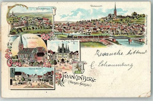 Frankenberg 1901 Oberer Markt Rathaus Luth. Kirche Stadtwappen Lithographie