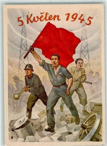 Tschechische Partisanen stürmen unter einer roten Fahne über Trümmern vor Mai 1945