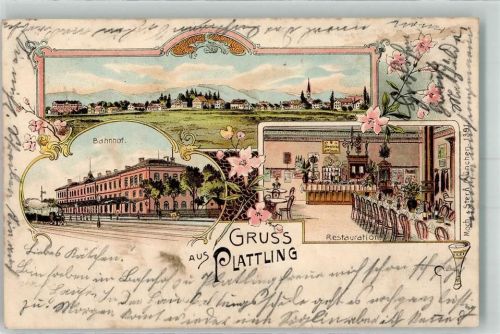 Plattling Bahnhof Gasthaus Festtafel Lithographie
