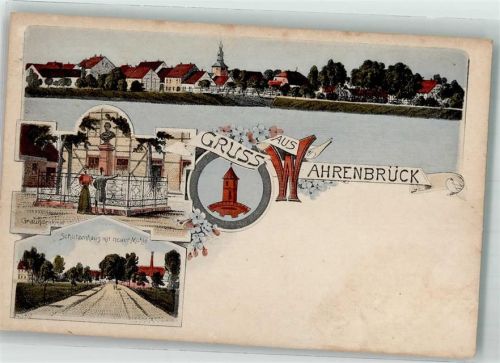 04895 O7901 Wahrenbrück Lithographie Graundenkmal Schützenhaus Neue Mühle Elbe