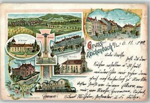 Reichenbach 1899 Kgl. Seminar Bahnhof E-Werk Markt Lithographie