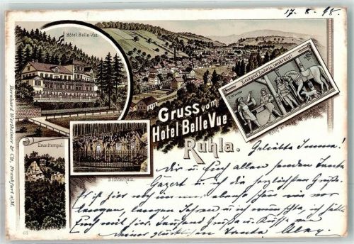 99842 O5906 Ruhla 1899 Lithographie Hotel Bellvue Emmitempel Dichterhain Relief