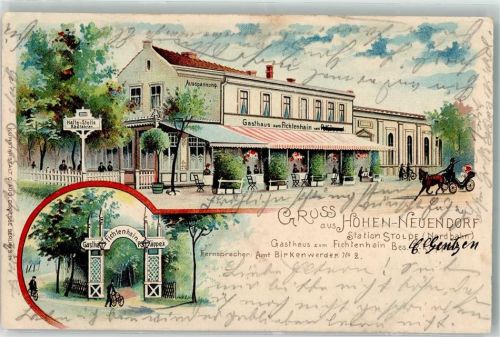 16540 O1406 Hohen Neuendorf 1906 Lithographie Gasthaus zum Fichtenhain Gasthaus-Eingang