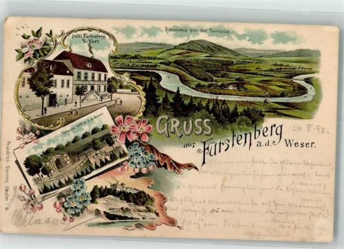 Fürstenberg 1898 Lithographie Hotel Fürstenberg Weserschleife