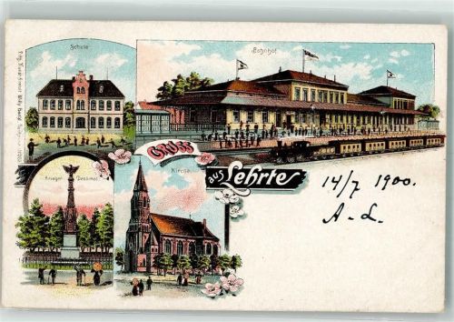 Lehrte 1900 Bahnhof Krieger-Denkmal Kirche Schule Bahnpost Hannover Zg. 71
