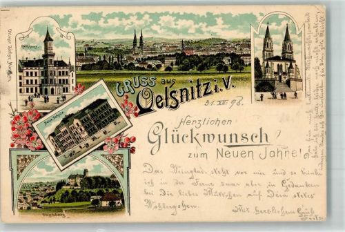 Oelsnitz 1898 Rathaus Voigtsberg Neue Schule Verlag Ottmar Zieher-München Neujahreskarte